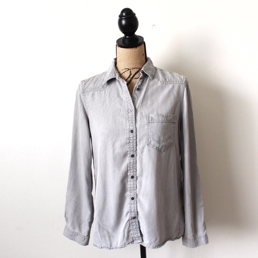 Zara Basic Z1975 Denim Small Grey Long Sleeve Button Down Top